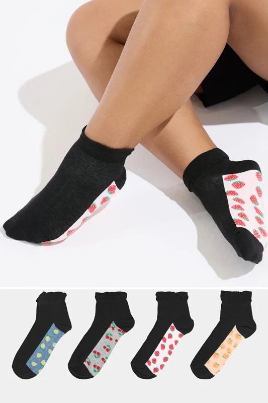 4 PACK Black Mixed Fruit Trainer Liner Socks