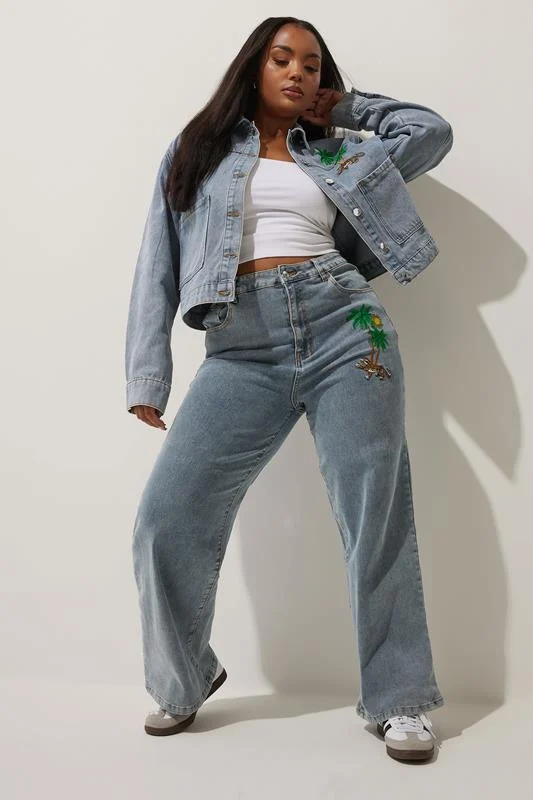 LIMITED COLLECTION Curve Blue Denim Palm Tree Embroidered Jeans