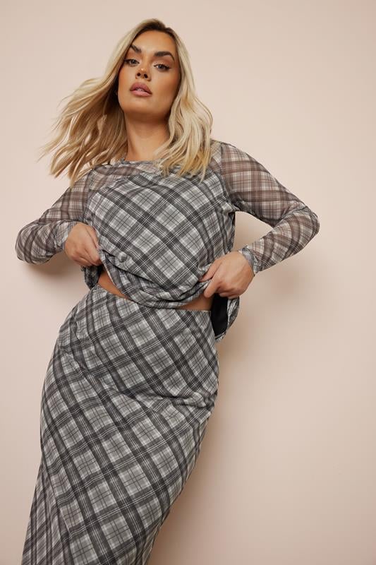 LIMITED COLLECTION Curve Grey & Brown Check Print Mesh Midi Skirt