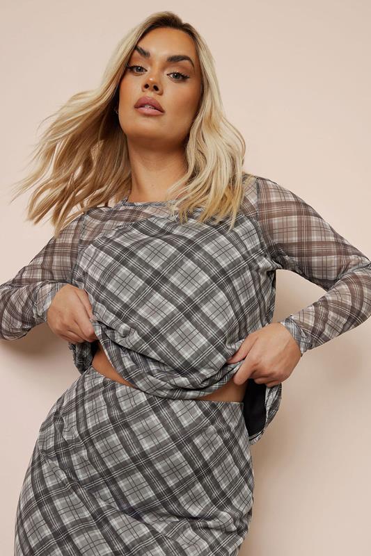 LIMITED COLLECTION Curve Brown Check Print Mesh Top