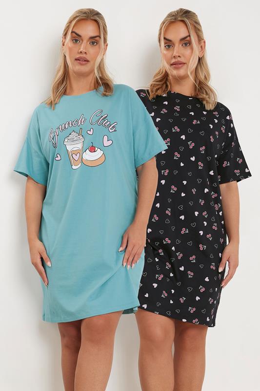 YOURS Curve 2 PACK Cotton Blue'Brunch Club' Nightdresses
