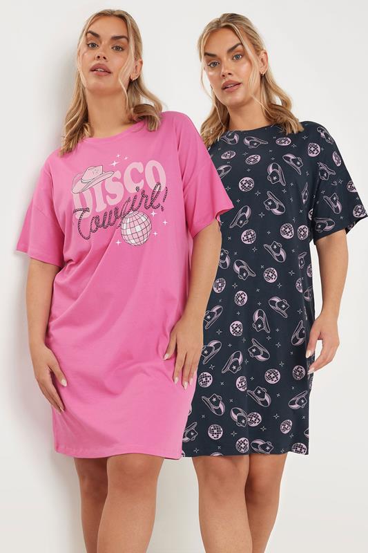 YOURS Curve 2 PACK Cotton Pink'Disco Cowgirl' Nightdresses