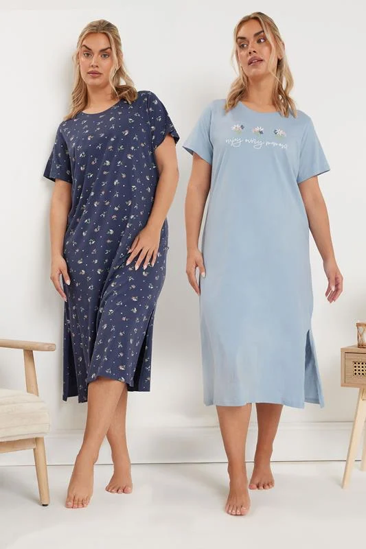YOURS Curve 2 PACK Blue'Enjoy Every Moment' Slogan Floral Nightdresses
