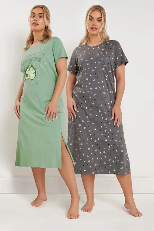 YOURS Curve 2 PACK Light Green'Let's Avocuddle' Slogan Printed Nightdresses