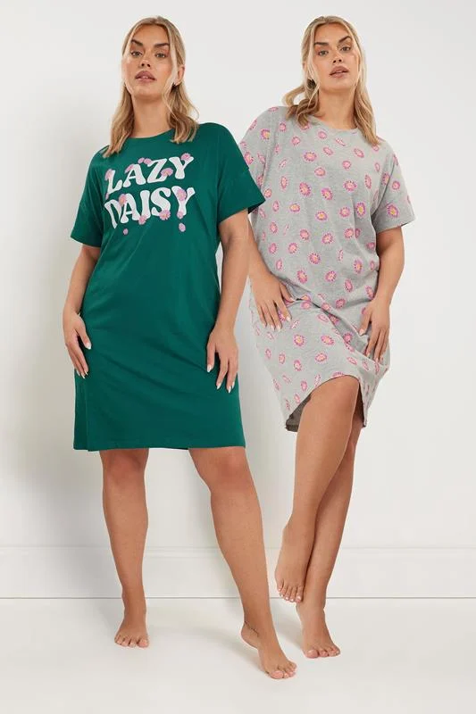 YOURS Curve 2 PACK Green'Lazy Daisy' Slogan Printed Nightdresses