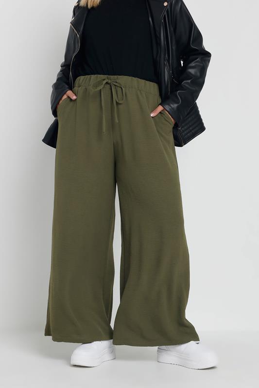 YOURS Curve Khaki Green Crepe Wide Leg Trousers