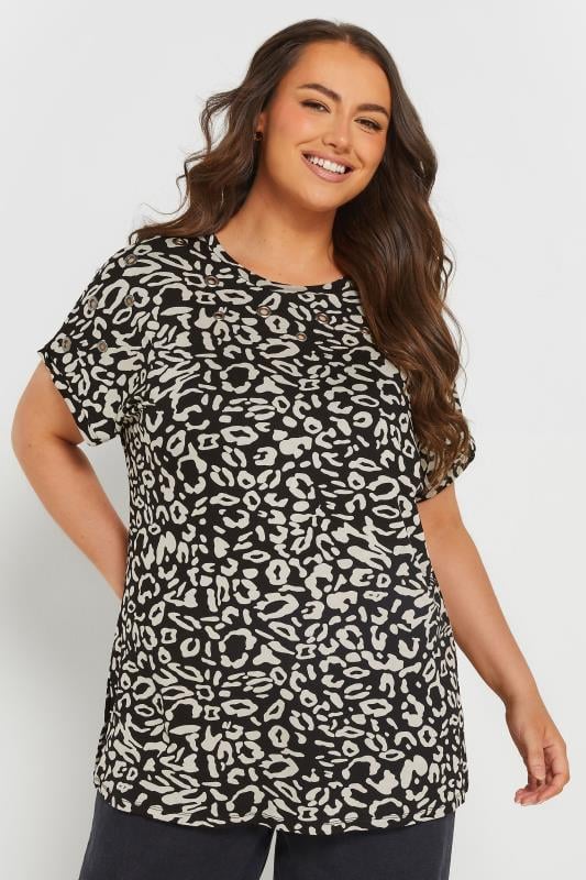 YOURS Curve Black Leopard Print Eyelet Detail Top