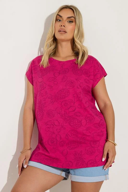 YOURS Curve Pink Tropical Fruit Print T-Shirt