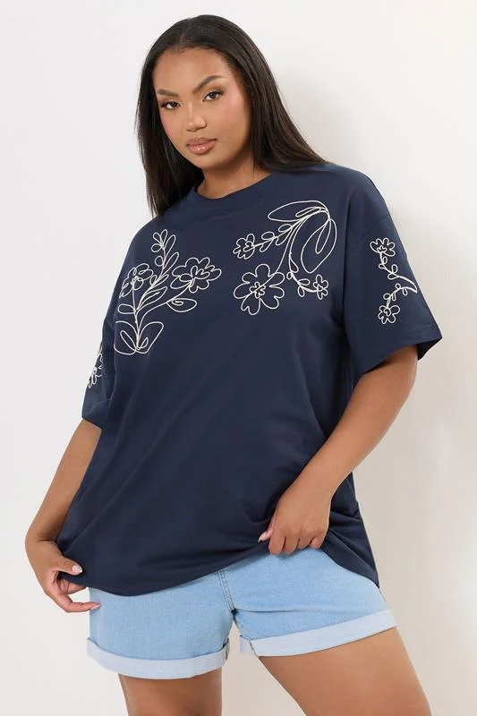 YOURS Curve Navy Blue Floral Embroidered Oversized T-Shirt