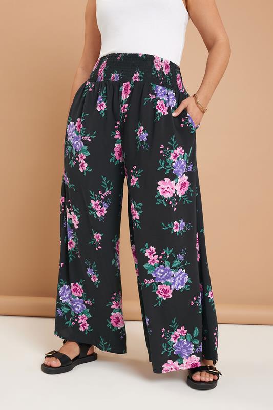 YOURS Curve Black Floral Print Shirred Wide Leg Trousers