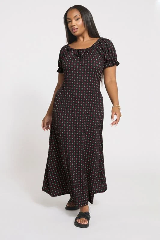 YOURS Curve Black Ditsy Textured Milkmaid Dress