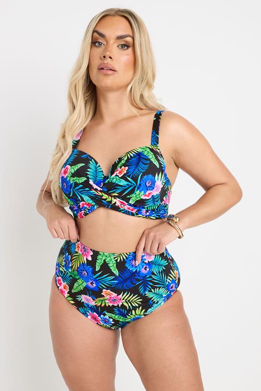 YOURS Curve Black Tropical Floral Print High Waisted Bikini Briefs