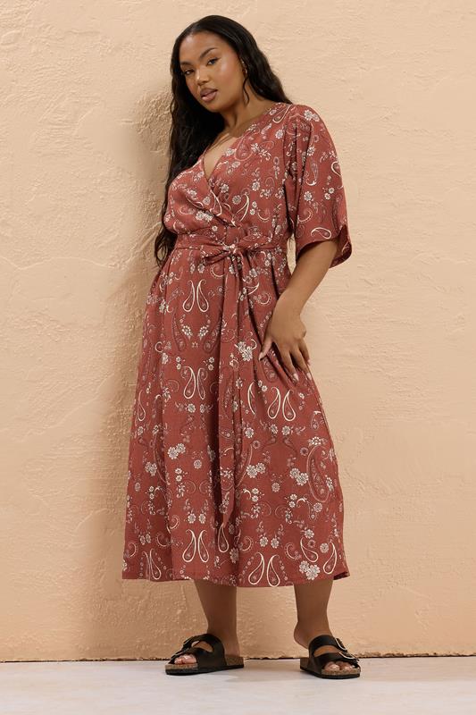 YOURS Curve Orange Paisley Kimono Sleeve Midaxi Wrap Dress