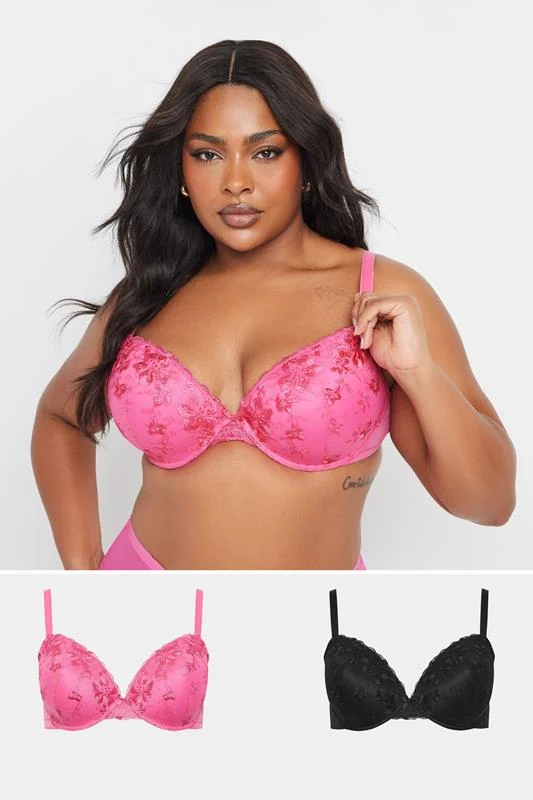 YOURS 2 PACK Curve Black & Pink Floral Lace Embroidered Padded Bras