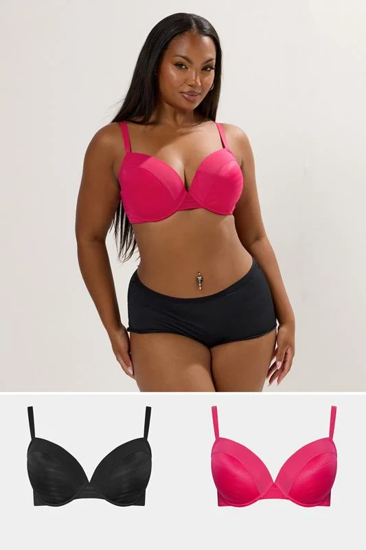 YOURS 2 PACK Curve Black & Pink Burnout Stripe T-Shirt Bras