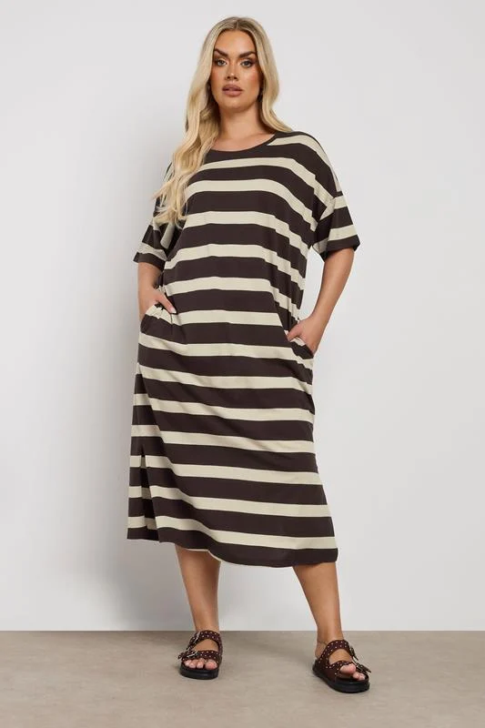 YOURS Curve Brown Stripe Oversized Pocket Detail Midi Dress
