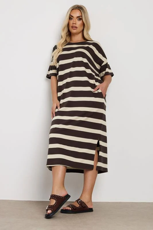 YOURS Curve Brown Stripe Oversized Pocket Detail Midi Dress 3 YOURS Curve Brown Stripe Oversized Pocket Detail Midi Dress