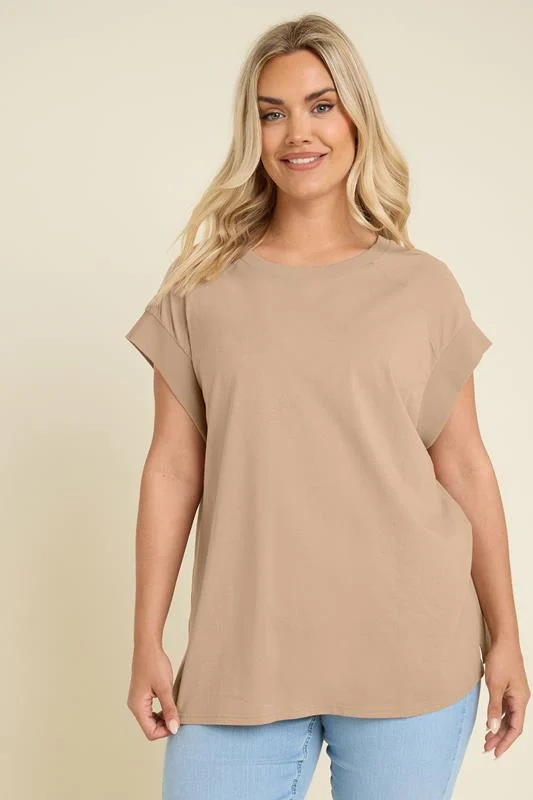 YOURS Curve Natural Brown Ribbed Hem Grown On Sleeve T-Shirt