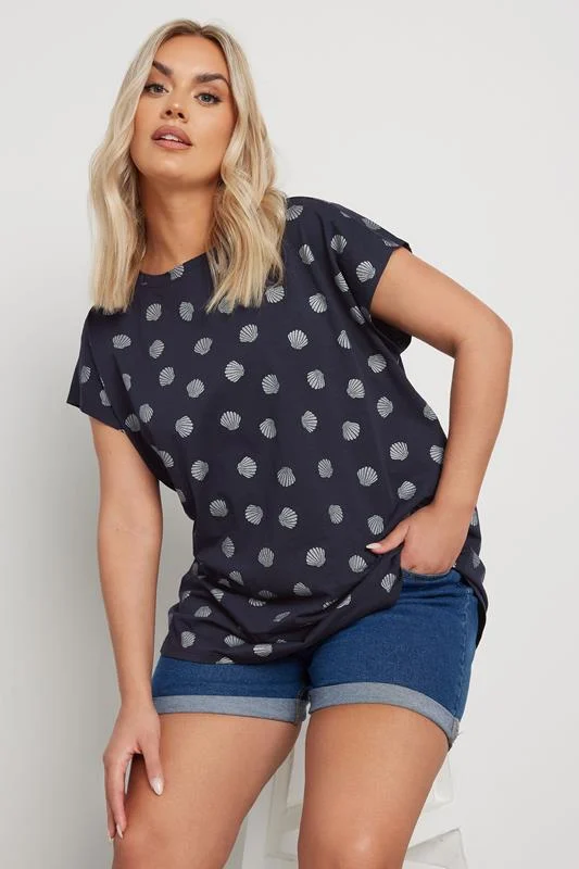 YOURS Curve Navy Blue Foil Shell Print T-Shirt