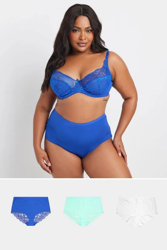 YOURS 3 PACK Curve Blue & White Lace Back High Waisted Knickers