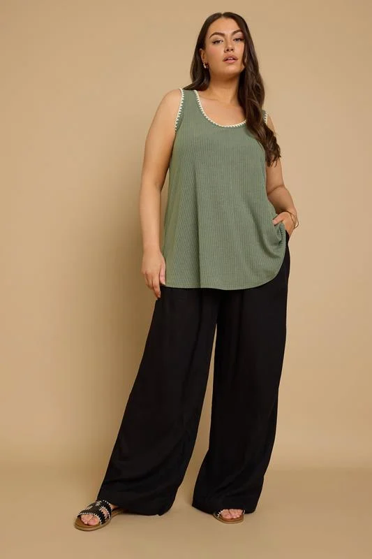 YOURS Curve Khaki Green Contrast Blanket Stitch Ribbed Vest Top 3 YOURS Curve Khaki Green Contrast Blanket Stitch Ribbed Vest Top