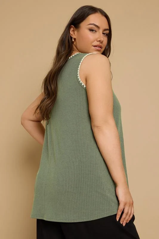 YOURS Curve Khaki Green Contrast Blanket Stitch Ribbed Vest Top 4 YOURS Curve Khaki Green Contrast Blanket Stitch Ribbed Vest Top