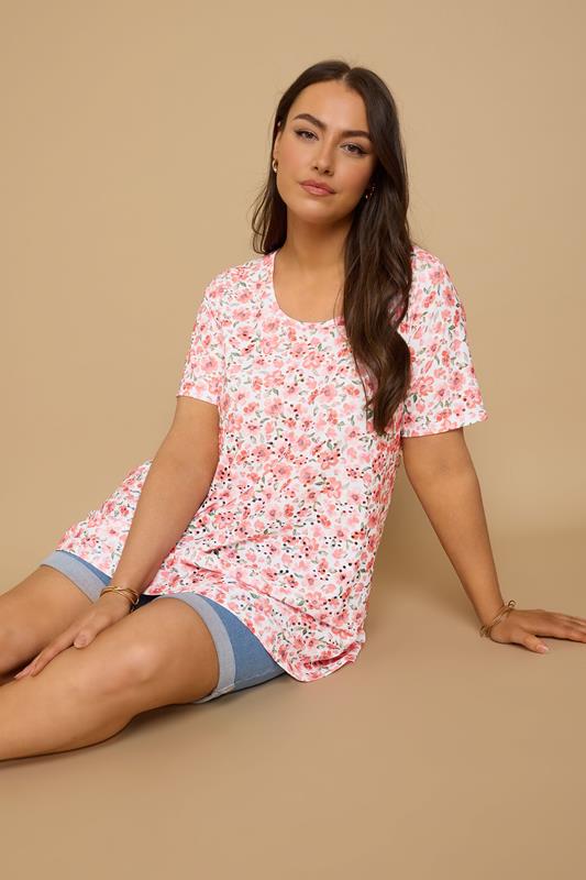 YOURS Curve Pink Floral Print Broderie Anglaise T-Shirt