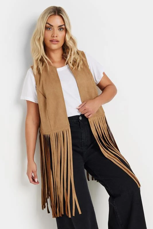 YOURS Curve Brown Faux Suede Fringe Waistcoat