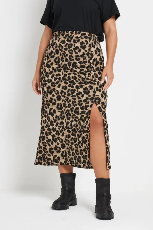 YOURS Curve Natural Brown Textured Leopard Print Maxi Skirt