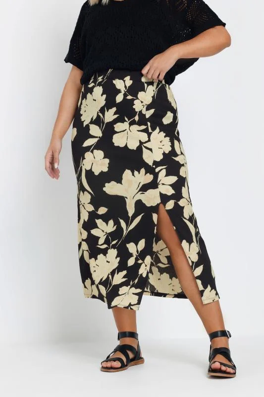 YOURS Curve Black Floral Print Textured Maxi Skirt