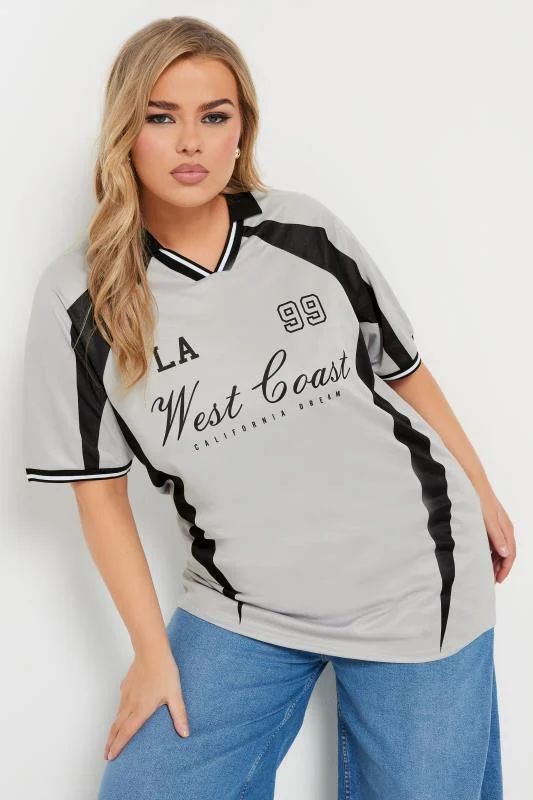 YOURS Curve Grey'West Coast' Slogan Collared Top