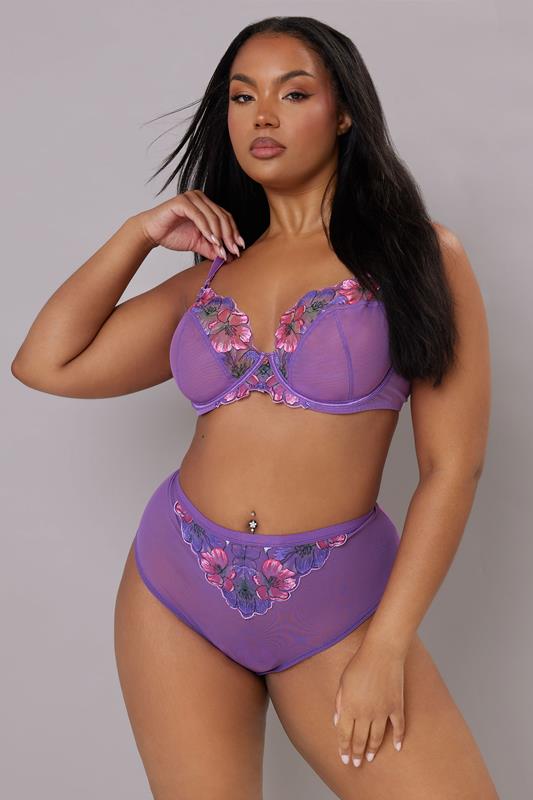 YOURS Curve Purple Floral Embroidered Mesh Briefs 3 YOURS Curve Purple Floral Embroidered Mesh Briefs