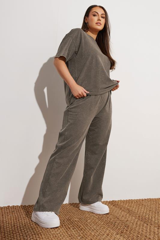 YOURS Curve Brown Acid Wash Sweat T-Shirt & Joggers Set