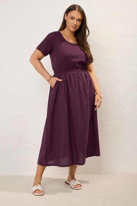 YOURS Curve Dark Purple Jersey & Woven Mix Fabric Midaxi Skater Dress 3 YOURS Curve Dark Purple Jersey & Woven Mix Fabric Midaxi Skater Dress