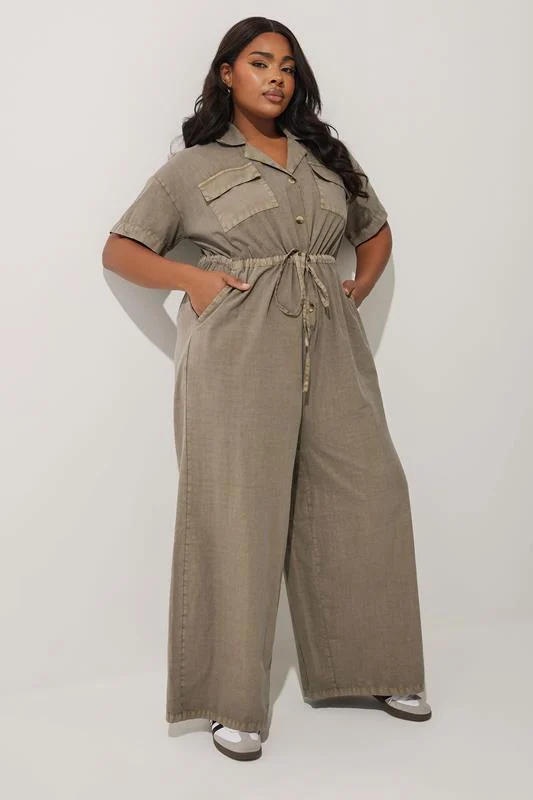 LIMITED COLLECTION Curve Brown Washed Tie Waist Jumpsuit
