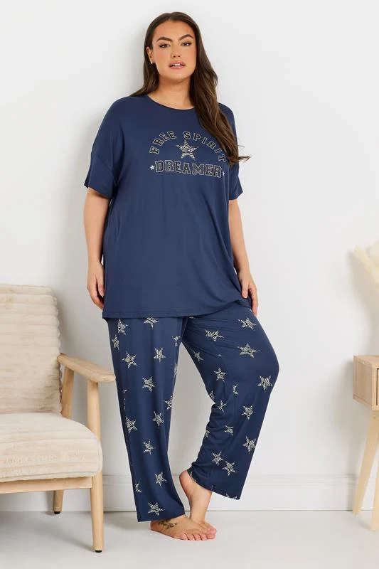 YOURS Curve Navy Blue'Free Spirit Dreamer' Star Print Wide Leg Pyjama Set