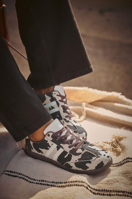 Brown Cow Print Retro Stripe Trainers In Extra Wide EEE Fit