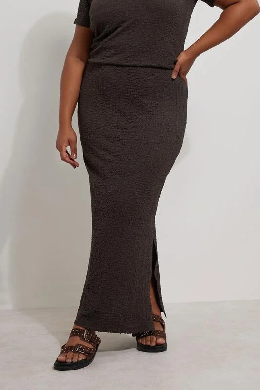 YOURS Curve Chocolate Brown Textured Side Split Maxi Skirt