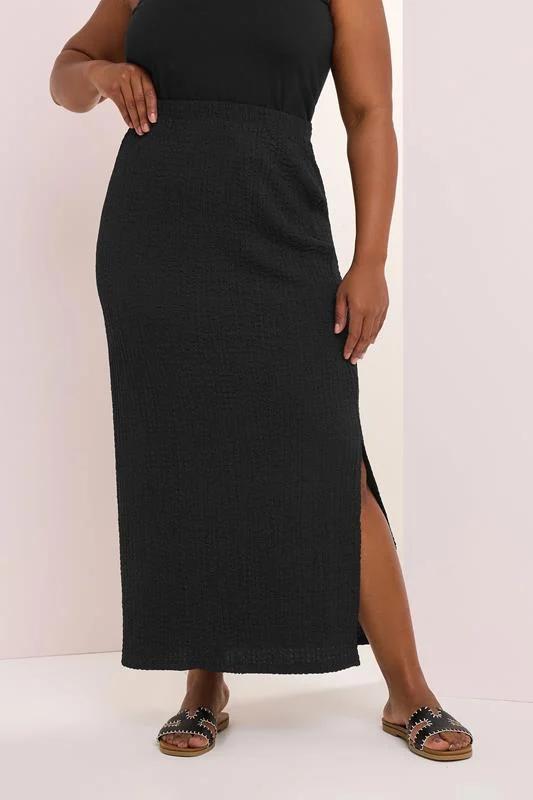 YOURS Curve Black Textured Side Split Maxi Skirt