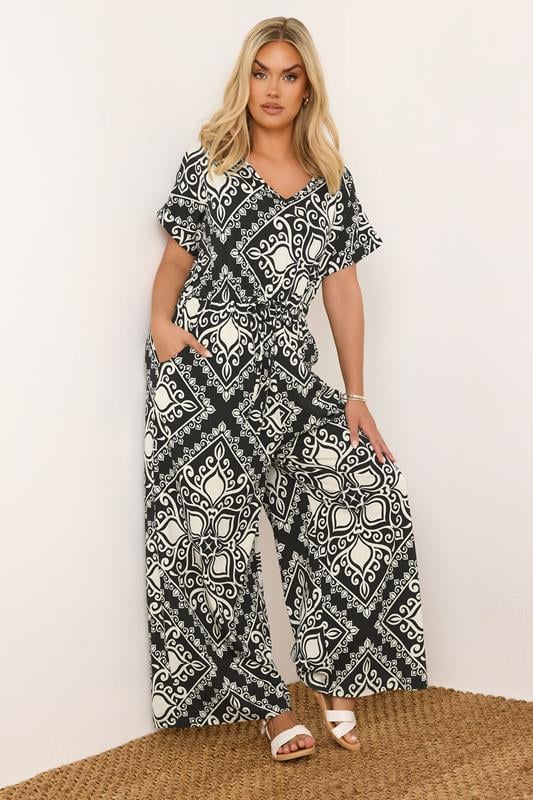 YOURS Curve Black & White Paisley Print Wide Leg Jumpsuit