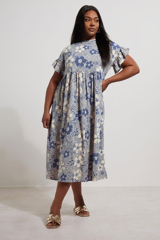 YOURS Curve Blue Floral Print Frill Sleeve Midaxi Dress