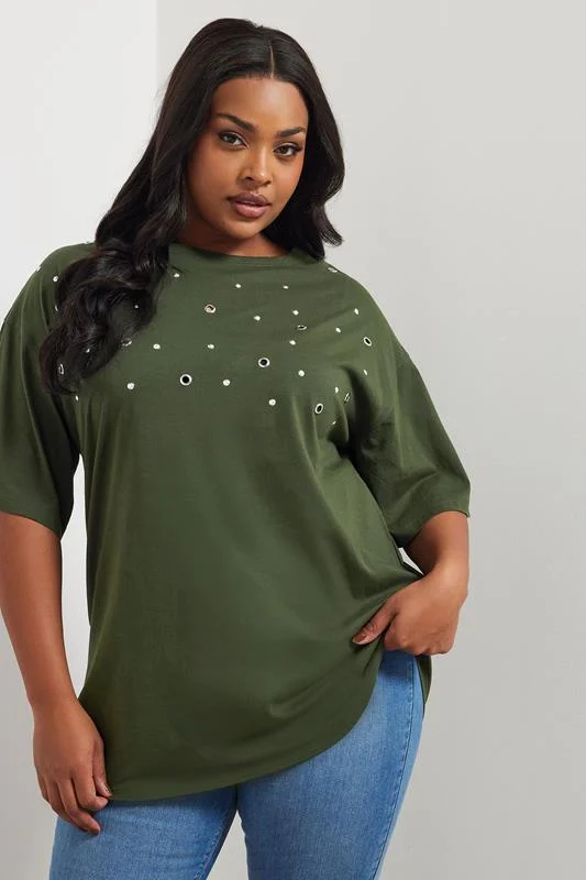 YOURS Curve Khaki Green Eyelet Stud T-Shirt