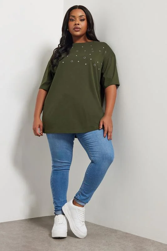 YOURS Curve Khaki Green Eyelet Stud T-Shirt 3 YOURS Curve Khaki Green Eyelet Stud T-Shirt