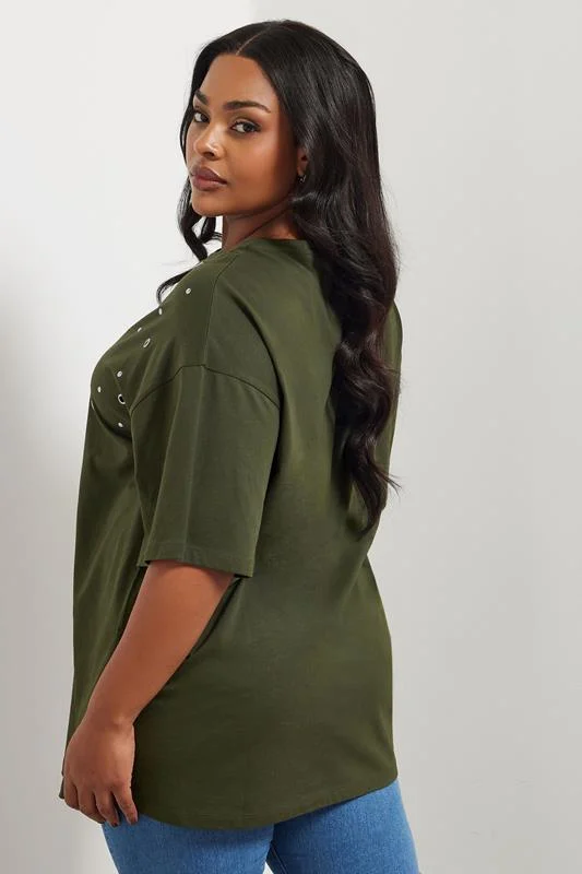 YOURS Curve Khaki Green Eyelet Stud T-Shirt 4 YOURS Curve Khaki Green Eyelet Stud T-Shirt