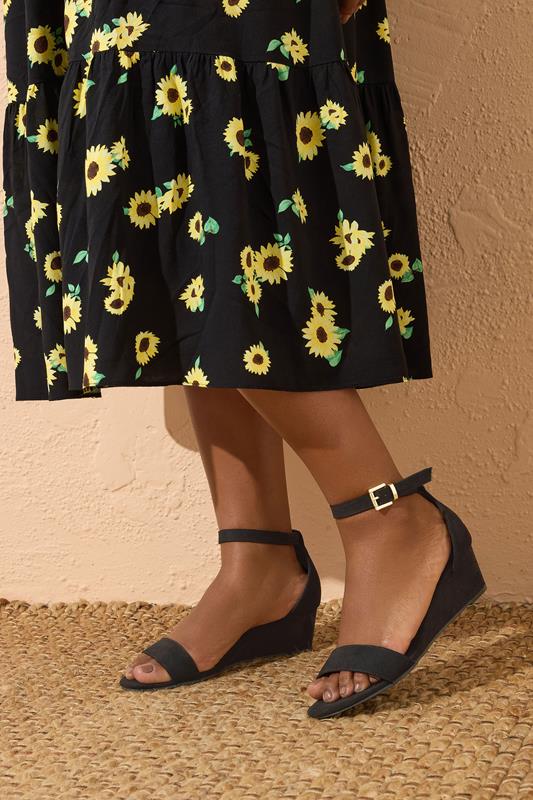 Black Faux Suede Low Wedge Sandals In Extra Wide EEE Fit