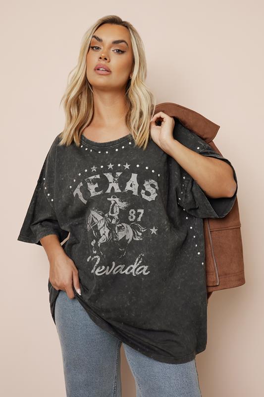 YOURS Curve Charcoal Grey'Texas' Acid Wash T-Shirt