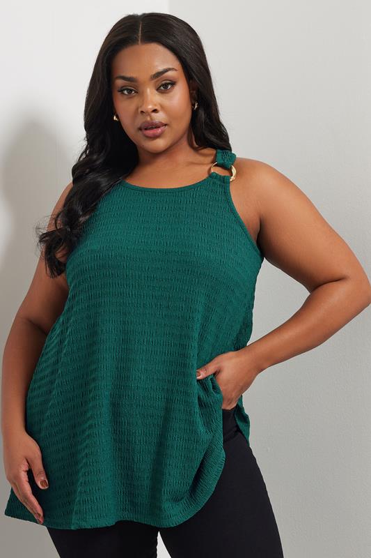 YOURS Curve Forest Green Ring Detail Textured Vest Top