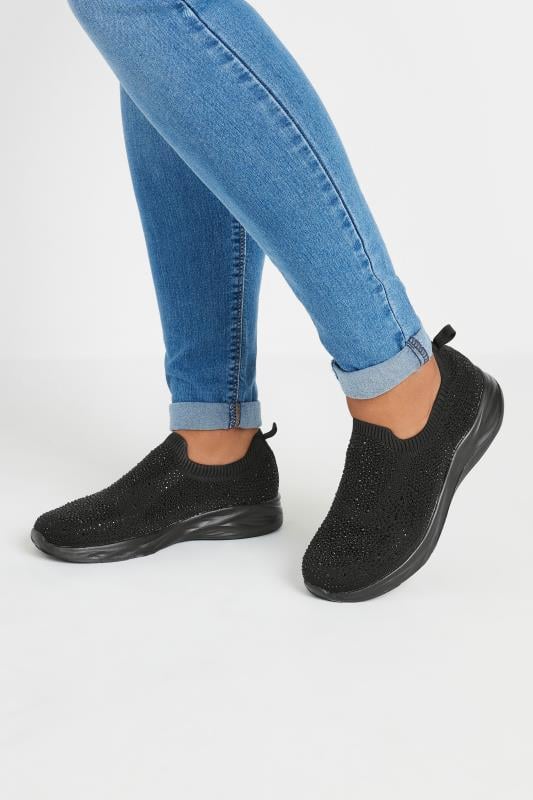 Black Diamante Knitted Slip On Trainers In Extra Wide EEE Fit