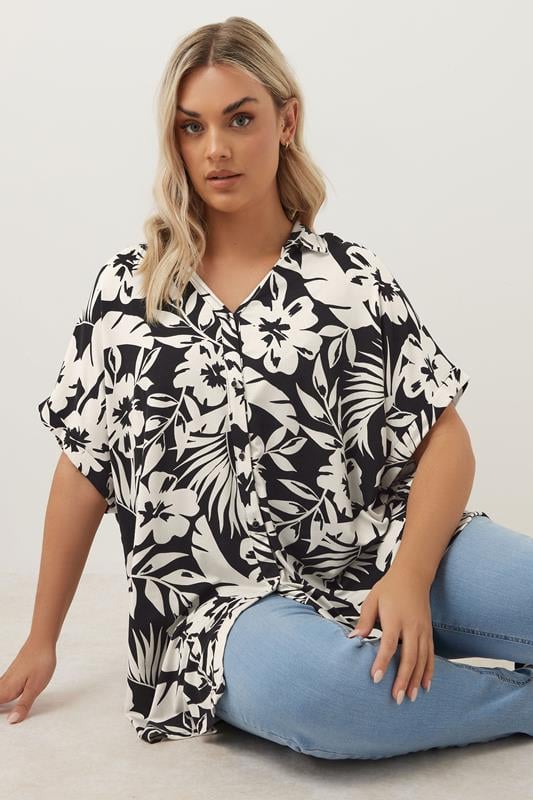 YOURS Curve Black Textured Floral Print Shirt