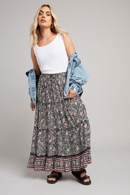 YOURS Curve Black & White Floral Print Tiered Maxi Skirt